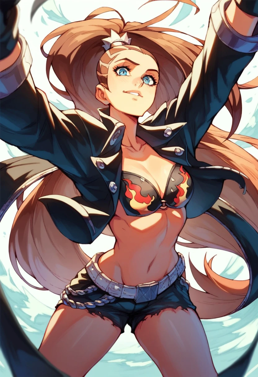 Ariana Grande from tenguen toppa gurren laggan, beautiful. Flame Print Bikini Top Under Leather Jacket, Black leather shorts, Brown hair, gloves, session, looking at the viewer, bottom: Grand Canyon, beautiful sunset