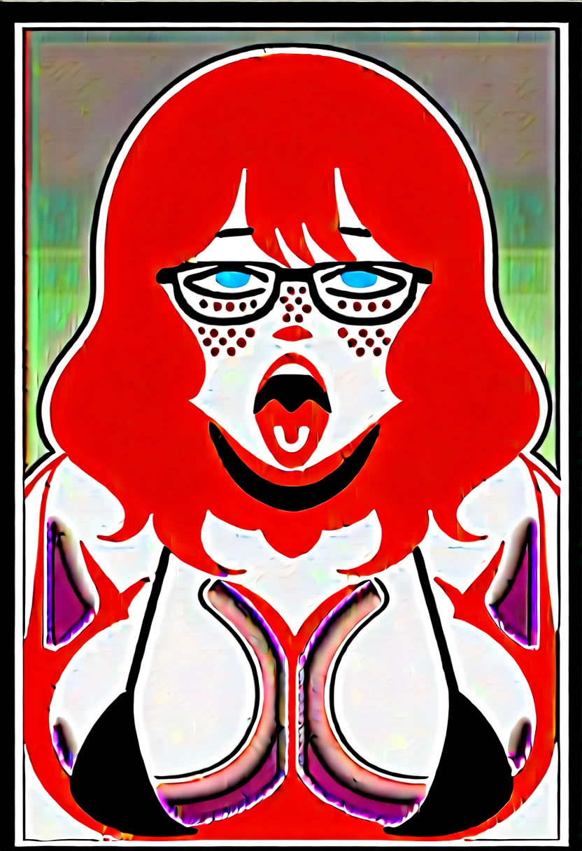 anime screenshot 1 girl, short hair, wavy hair, bangs cover one eye, ginger hair, horns, freckles, glasses, standing, upper body, looking at viewer, Bikini, large breasts, choker, chubby, big , small fangs, looking up, :3, holding breasts, large tongue, sticking tongue out of mouth, drooling, shy expression, plump lips, visible throat, sweaty