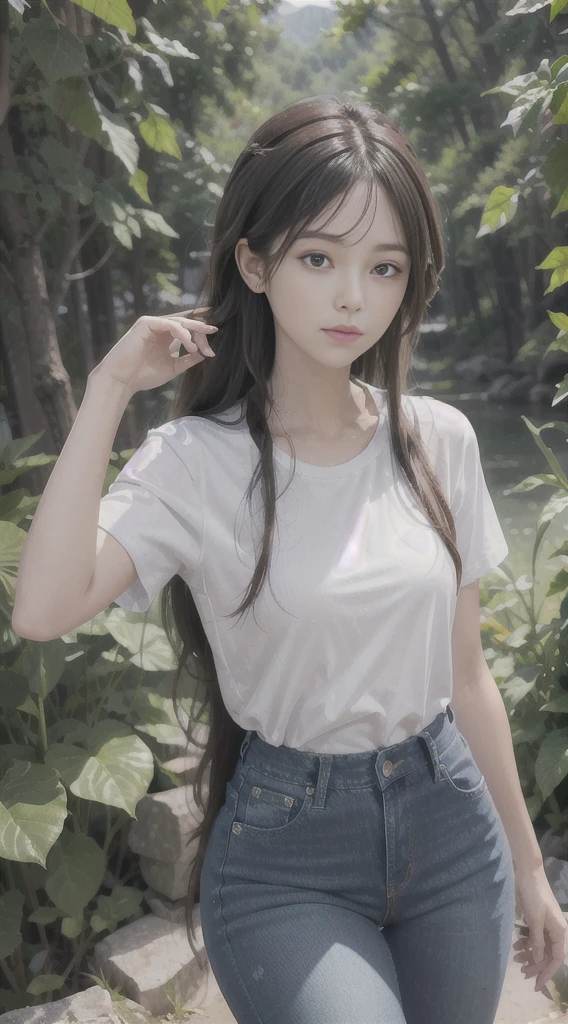Best quality, super high resolution, photo of a beautiful woman, detailed face, black messy fishtail, skinny jeans, white short sleeves, hiking, seductive look