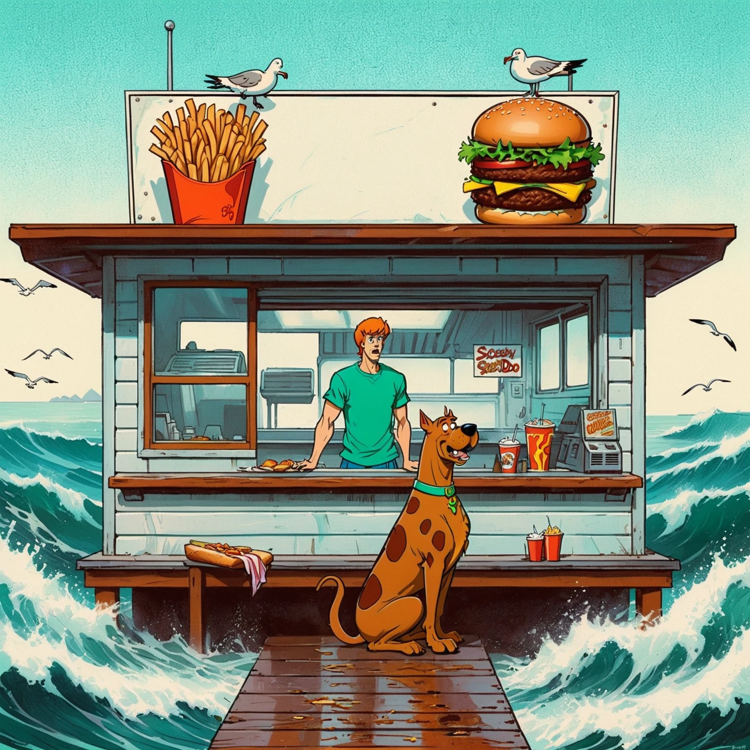 Scooby Doo distinct to original cartoon, ocean front fast food shack, operated by Scooby Doo and Shaggy, waves, sea breeze, seagulls, The scene is minimal, serene, perfect, strange, candid, cinematic, surreal, and timeless. The hamburger grill is lost in space, standing against a blank canvas. The style is a mix of realism and cartoon, with 90s comic aesthetics, expressive ink work, cinematic compositions, and nuanced details. The style is reminiscent of Joelle Jones and 90's scooby doo animated tv show, shaggy wearing tropical green sweater, scooby doo distinct art style,