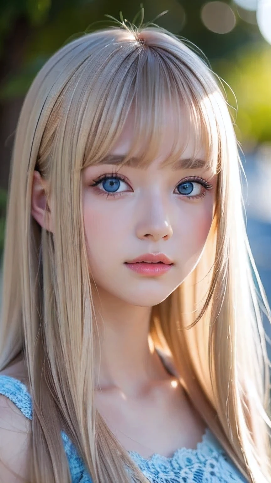 Very beautiful face、A beautiful girl、Super Long Hair、windy silky blonde super long hair、Swinging bangs、Cute sexy 16 year old blonde girl with light blue eyes、Hair above the eyes、片Hair above the eyes、Hair between the eyes、Big bright light blue eyes that shine so beautifully、eyeliner、Bright expression、