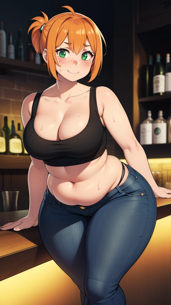 ((highres)), Masterpiece, high quality, best quality, beautiful, perfect lighting, detailed face, ultra cute face, ((1girl)), ((solo), short fluffy orange hair, green eyes, freckles, sweat, ((blush)), dunk smile, looking at viewer, leaning on bar, standing in a bar, (bar), daytime, tank top, jeans, (((thick thighs))), ((wide hips)), cleavage, (medium breasts), (chubby), 20 year old female, 