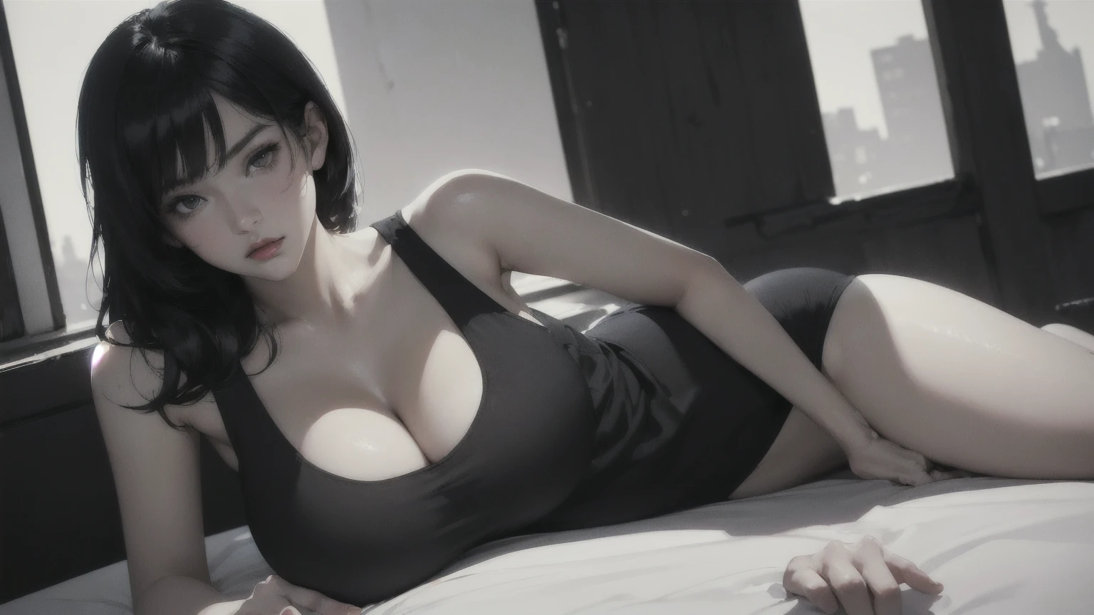 (Ultra detailed:1.3) ((((best quality))) , (((ultra detailed))) , (((masterpiece))) , illustration,Fashion, lipstick, ray tracing, depth of field, 1girlï¼ (solo:1.5) , looking at the audience, glossy skin, counterpoint, female focus, model, (huge breasts:1.3),mischievous face cool, perspective, fine fabric emphasis, budget haze,ojou-sama pose,
beautiful young female, Pixie Cut, tank top, leaning forward, art by Adrian Tomine, art by Agnes Cecile, sexy, seductive, shadow, dramatic lighting, park, black and whiteï¼
Hotifyï¼Prettifyï¼PrettyEyesï¼
