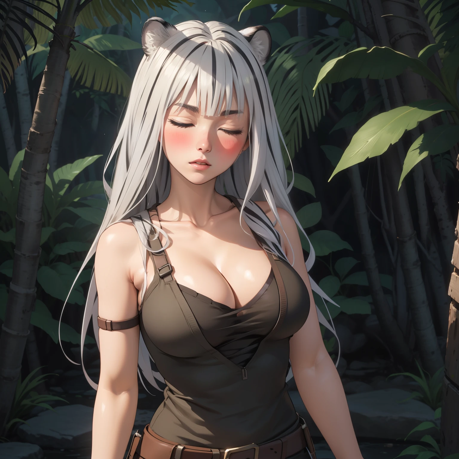 Atlas Fayon woman 40 years old, white hair with black stripes ,white tiger ears, Closed eyes, mujer ciega con Closed eyes, serious expression, blush, pale skin, big breasts, lara croft costume, lara croft cosplay, explorer, background a temple in the jungle. neckline.