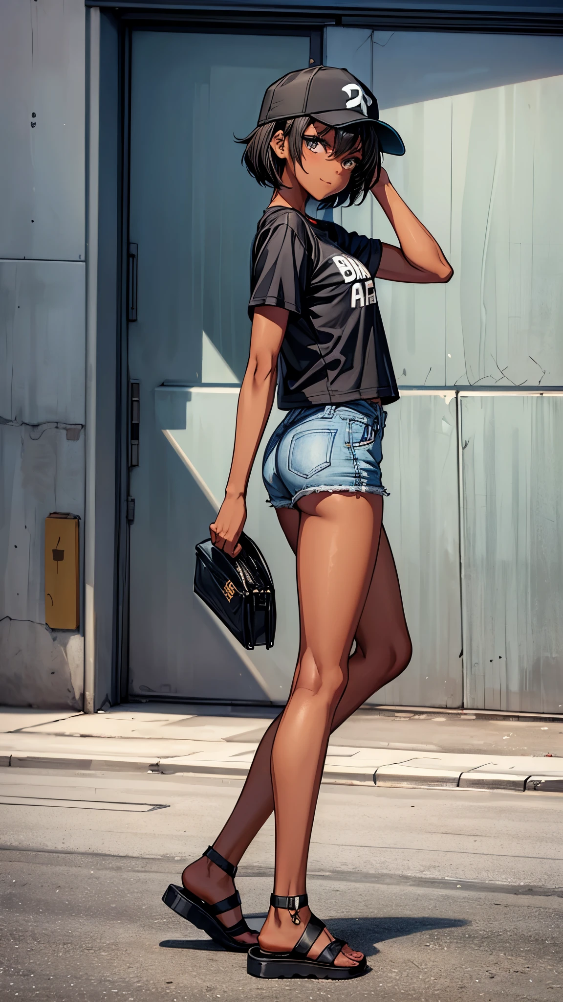 ((Look away2.0,from side)),outside the street,((full body1.8)),One 16 years old girl,(dark skin color),short black hair,seductive smile,baseball cap,shirts,short sleeve,shorts,sandals.