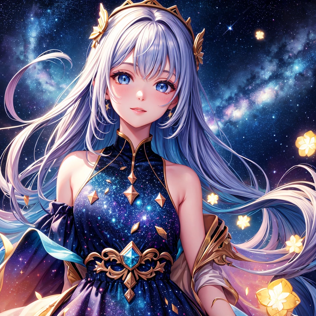 High Detail, Super Detail, Ultra-high resolution, Girl enjoying time in fantasy galaxy, Surrounded by stars, The warm light shines on her, Background is starry sky,There are colorful galaxies and galaxy clouds, Stars flew around her, Delicate face, Add a fun atmosphere , --v6