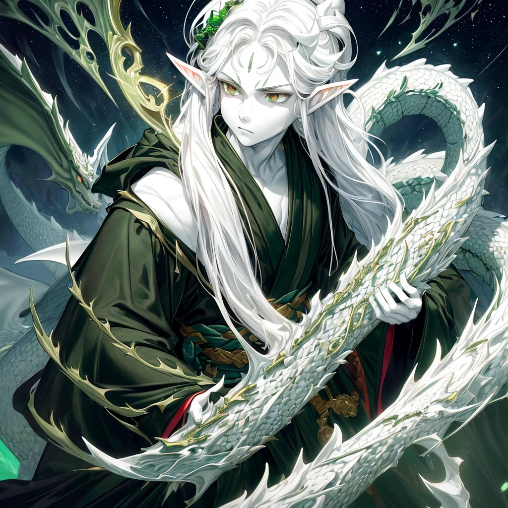 beautiful, (Best Illustration Award), 8k resolution, Intricate details, best quality, Practical, Extremely detailed, Optimal lighting, Best shadow, Ultra HD, ((((Handsome young man))), ((teenager :1.5)), (Glittering red eyes), (Glowing eyes), ((((Black long hair: 1.1))), ((Dark green clothes)), (prince (Indifferent expression), , (((Wearing a high-detail luxurious green robe))),, Starry night sky, Meteorite fall, Elf ears, ((White skin)), There is a dragon horn on the forehead, Surrounded by dragons
