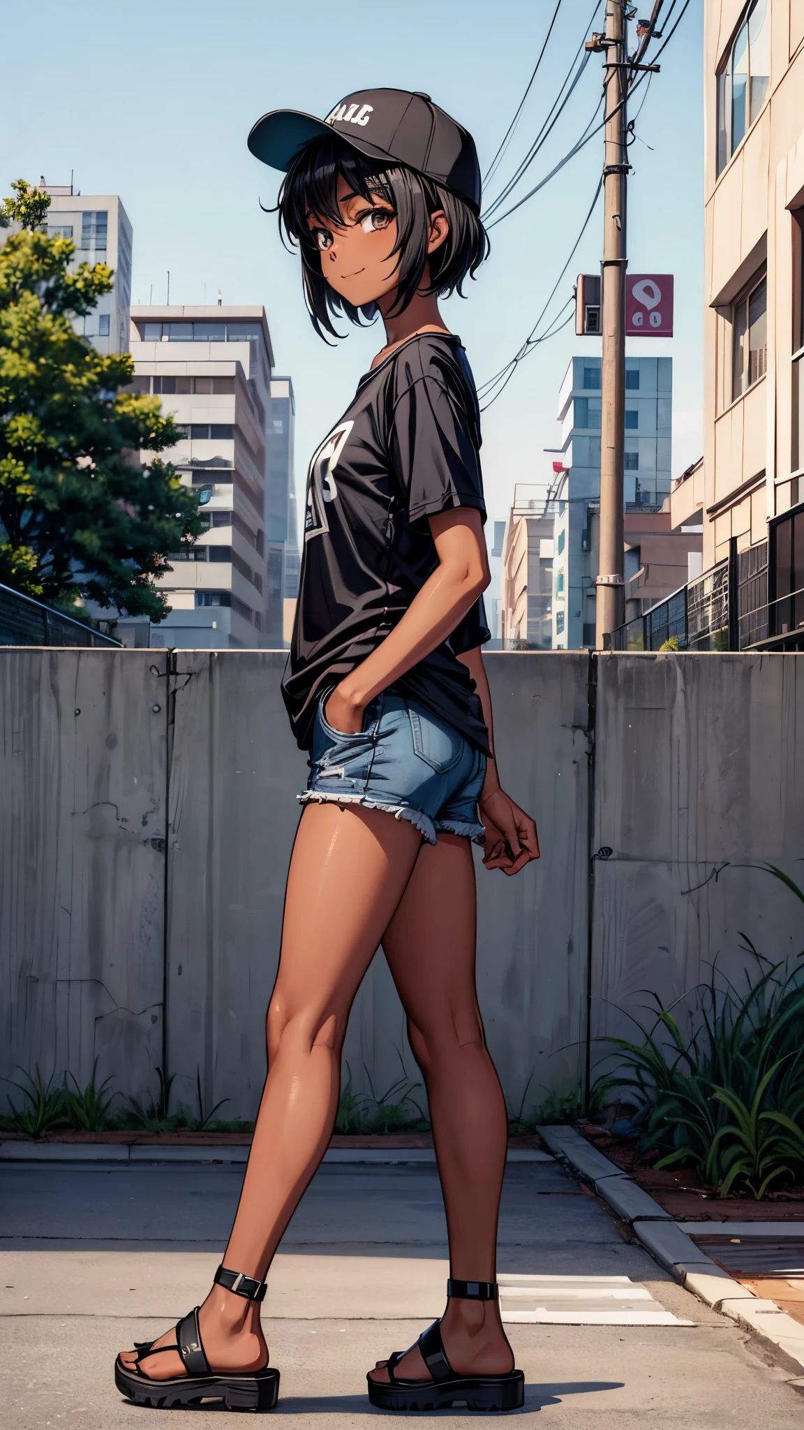 ((Look away2.0,from side)),outside the street,((full body1.8)),One  girl,(dark skin color),short black hair,seductive smile,baseball cap,shirts,short sleeve,shorts,sandals.