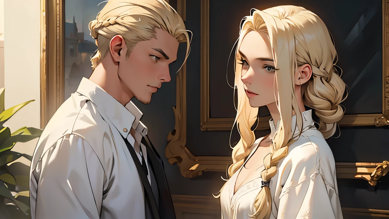 ((best quality)), ((Work of art)),((detailed)), woman, long brown hair, fringe, smoking cigarette, with friend, man, young man, short white hair, smoking cigarette