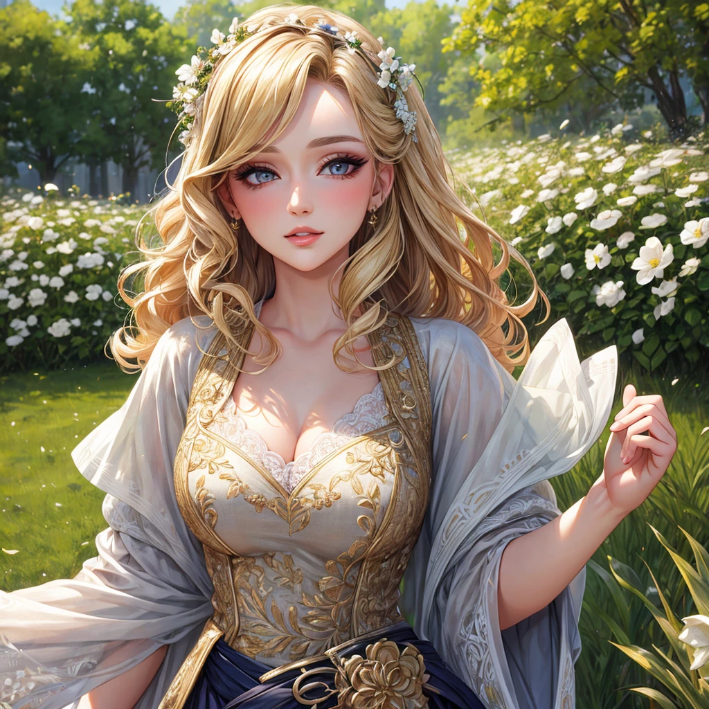 (masterpiece:1.2), (best quality:1.2), Perfect eyes, Perfect face, Perfect lighting, 1 Girl, Mature female in the field, Medium Blonde, curls, Detailed clothes, Detailed outdoor background, cosmetic, Eyeshadow, Thick eyelashes, fantasy, Looking at the audience, spring