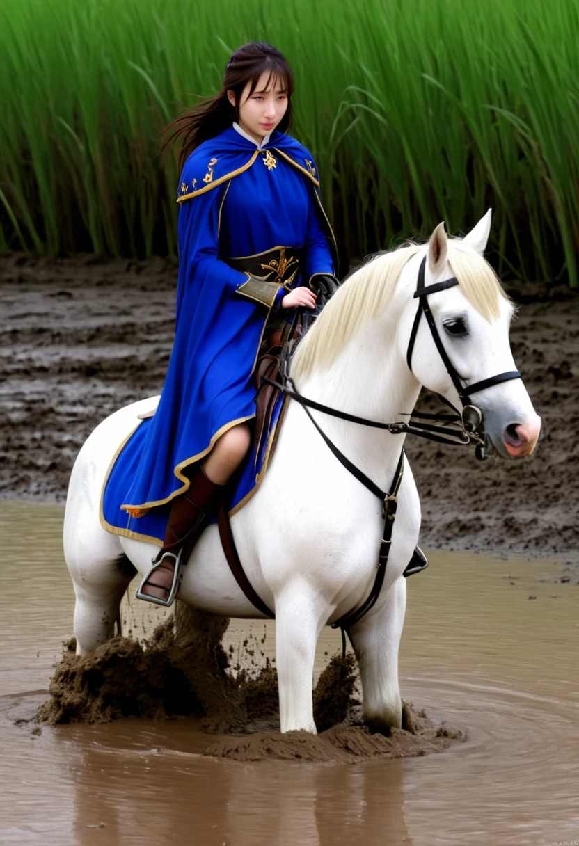 (((masterpiece))),(((Highest quality))),((Tabletop:1.4, Highest quality)), (Realな写真:1.4), in the muddy river,dirty swamp,horse ridden by girl fall over swamp,Sweaty girl,
((1 cute girl knight)),rodeo,horse standing,Surprised face,stumble,aggressive,slouch,horse standing, prancing horse in pitfall,cute,Napoléon horse sliped in pitfall,in the pitfall,Uplifting,Plump figure,Knight Princess,
(超High resolution:1.2),, wonderful, Very detailed CG Unity 8k wallpaper, Very detailed, High resolution,fat horse ridden by japanese girl,Plump,Double,Royal blue armor, cape and crown,Soaking in the swamp,Mud Splash,
Soft Light, Beautiful detailed girl, Droopy eyes,Very detailedな目と顔, Beautiful and exquisite nose, Beautiful and exquisite,  horse ridden by a girl can't stand up because its drowned in the sticky muddy pitfall:10.0 ,Displeased face:4.0,Real,Stir,Anatomically correct,action horse riding scene while struggle fighting
