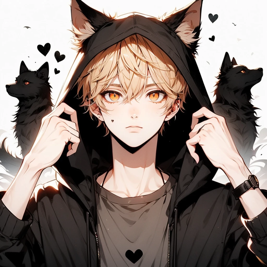 ((Slender eyes))), Narrow eyes, Sanpaku eyes, Sanpaku eyes, Beautiful young man, Gold Hair, Orange Eyes, Short hair, slit-eyes, black hooded hoodie with wolf ears, White background, Dog Pose, shoulders up, flying black heart,High quality, amount of drawing, pixiv illustration
