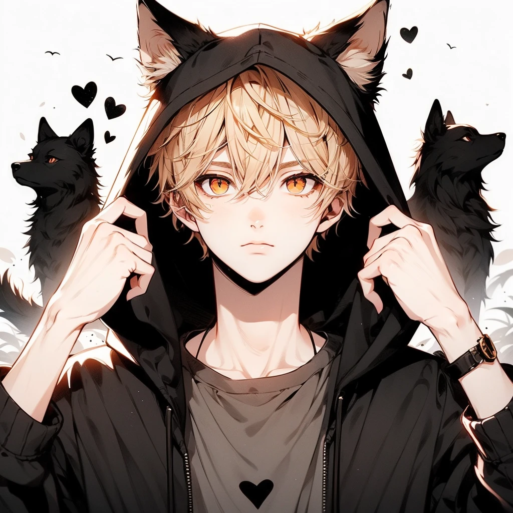 ((Slender eyes))), Narrow eyes, Sanpaku eyes, Sanpaku eyes, Beautiful young man, Gold Hair, Orange Eyes, Short hair, slit-eyes, black hooded hoodie with wolf ears, White background, Dog Pose, shoulders up, flying black heart,High quality, amount of drawing, pixiv illustration