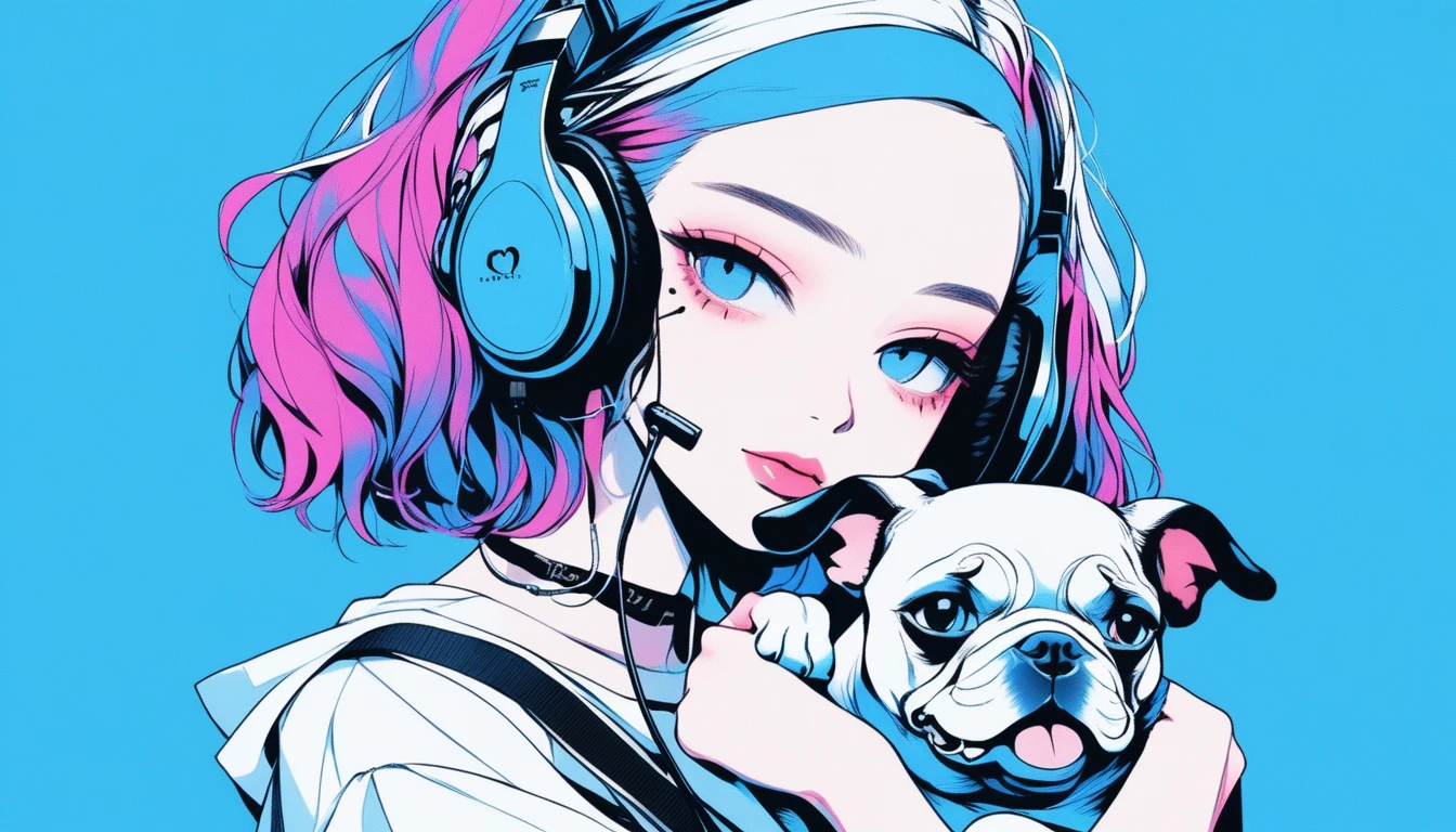 Illustrator, anime , Realistic ,sketch , A girl holding a cute bulldog puppy wearing headphones, ,lip, T-shirt,order,Textured Trim, (masterpiece,Highest quality) Blue background, Neon Hair,Textured Trim, Canadian, (masterpiece,Highest quality) Cancer,