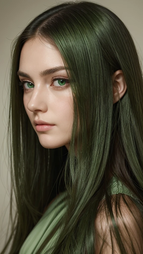 Portrait of a European woman with highly detailed facial features, captivating eyes, an oval face, and long sleek hair framing her face. Her hair is entirely green, and she has a flawless complexion, with a very charming wistful charm, her expression imbued with a gentle melancholy