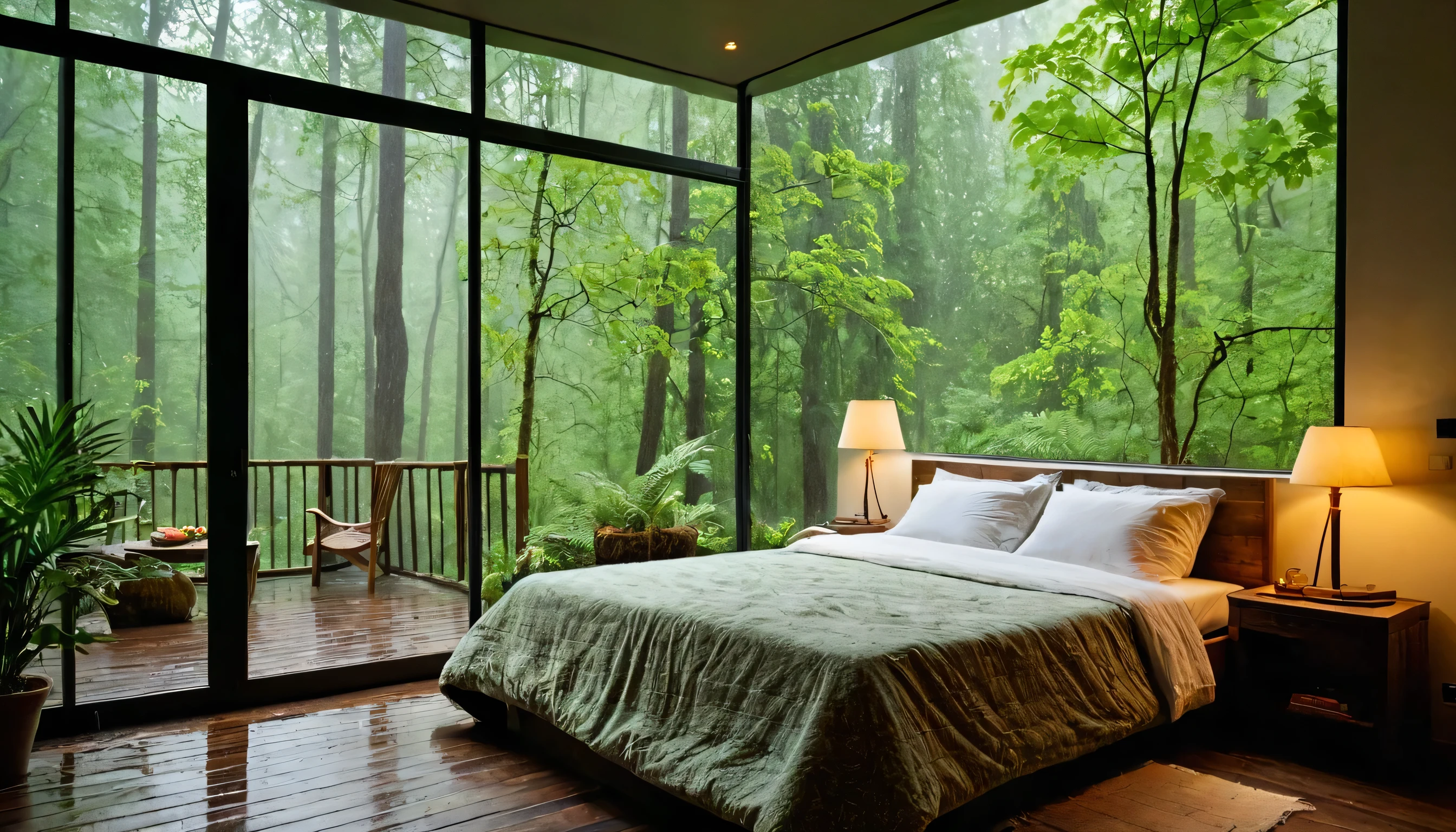 The image shows a cozy bedroom with a large window offering a view of a forest being drenched by rain. The bed is unmade with rumpled bedding, indicating recent use. Beside the bed, there is a small table with a classic lamp that is lit, casting warm light into the room. Outside the window, lush green plants can be seen in what appears to be a patio or balcony area, with rain visibly falling, creating a tranquil and peaceful atmosphere. The contrast between the indoor warmth and the outdoor rain creates an inviting and calming ambiance