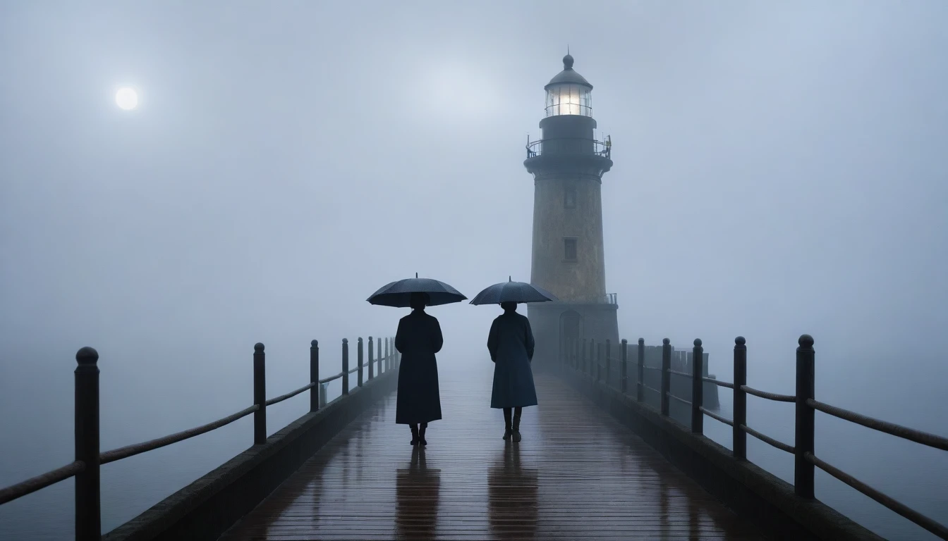 1 36-year-old Korean woman, alone, rain, Fog, cold, boring, , pier, Only, lighthouse, Coast, The dim light shines in the Fog,and the figure stands in the Fog holding an umbrella, (명암대rain, cinematic lighting, shadow, film grain, anatomically correct, accurate, Awards, 8K) realistic photo