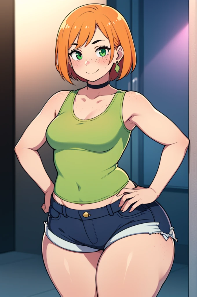 ((Masterpiece)), perfect anatomy, perfect shading, field of depth, (best quality), extremely delicate and beautiful, perfect lighting, detailed face, ultra cute face, cute, ((1girl)), ((solo))
short fluffy orange hair, freckles, green eyes, ((blush)), smile, looking at viewer, tank top, shorts, choker, earrings, small breasts, (thick thighs), wide hips,
intricate background, detailed background, fast food restaurant, hands on hips,