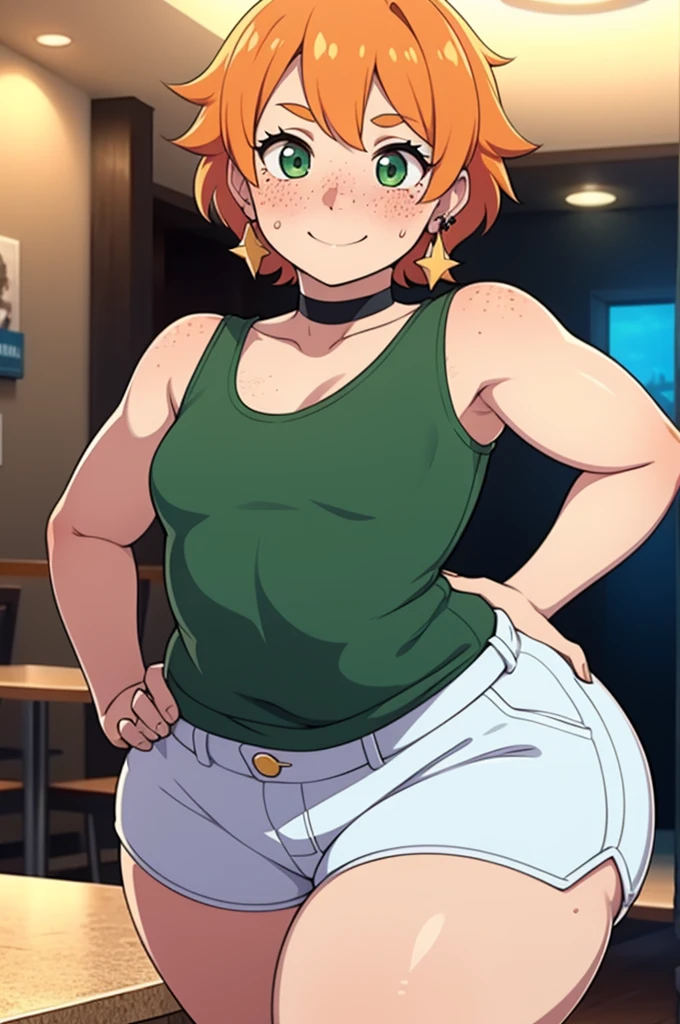 ((Masterpiece)), perfect ???????, perfect shading, field of depth, (best quality), extremely delicate and beautiful, perfect lighting, detailed face, ultra cute face, cute, ((1girl)), ((solo))

short fluffy orange hair, freckles, green eyes, ((blush)), smile, looking at viewer, tank top, shorts, choker, earrings, small breasts, (thick thighs), wide hips, 

intricate background, detailed background, fast food restaurant, hands on hips,
