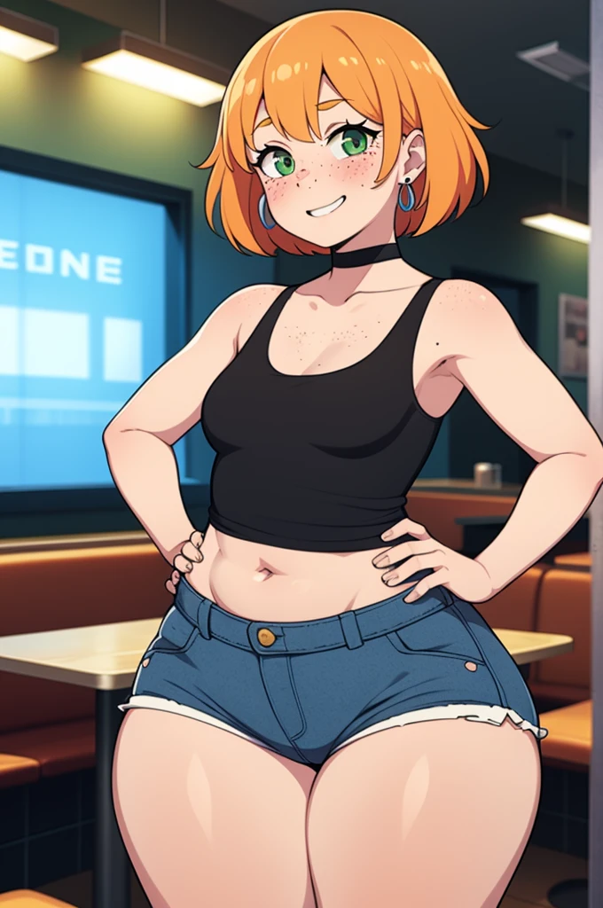 ((Masterpiece)), perfect anatomy, perfect shading, field of depth, (best quality), extremely delicate and beautiful, perfect lighting, detailed face, ultra cute face, cute, ((1girl)), ((solo))
short fluffy orange hair, freckles, green eyes, ((blush)), smile, looking at viewer, tank top, shorts, choker, earrings, small breasts, (thick thighs), wide hips,
intricate background, detailed background, fast food restaurant, hands on hips,