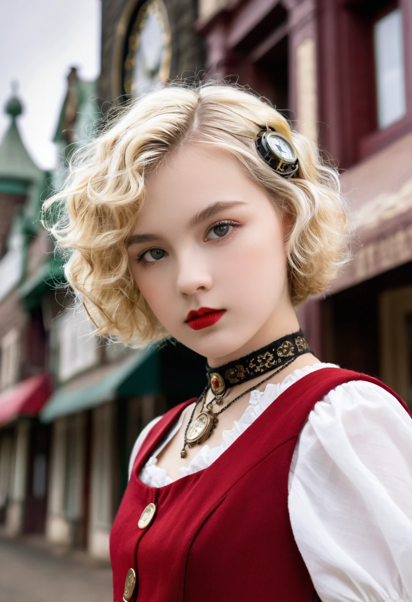 close up, Straight blond short curly hair red riding hood, Clock on necklace, (Victorian Era), ((Steampunk)), photography, Work, elegant, meticulous, Gorgeous, Maximum details, Extreme pursuit of aesthetics, Complex details, Lots of gears, Old town background