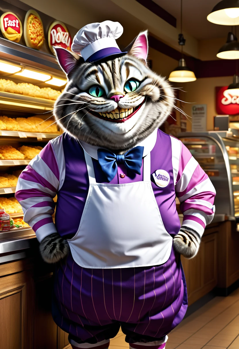 photorealistic portrait of Dressed animals-a ((fat)) ((Cheshire cat)) worker,(furry), (elegant pose:1.5), (hands on hips:1.5),(smile:1.5),high quality,(),(lovely) ,intricate details, Wearing fast food shop uniform , (apron and cap), highly detailed ((fast food shop uniform)) ,highly detailed clothes, high sox , (happy), soft lighting,(full body image:2.0),in fast food shop background,,score_9, score_8_up, score_7_up, score_6_up, score_5_up, score_4_up,