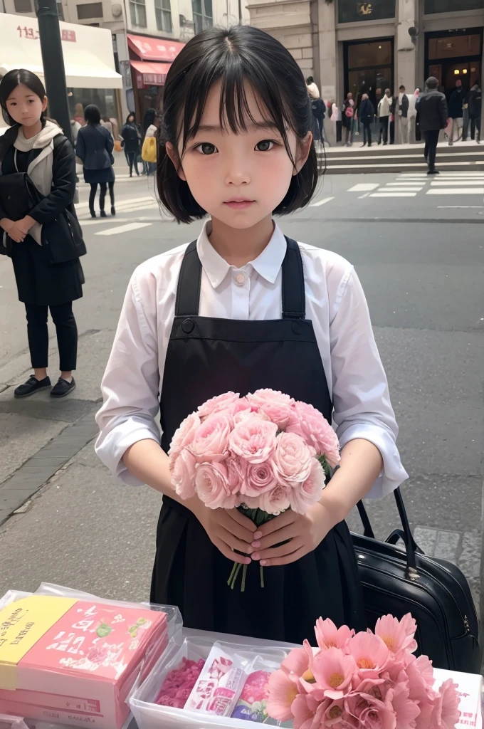 8 year old Korean woman in the square selling flowers