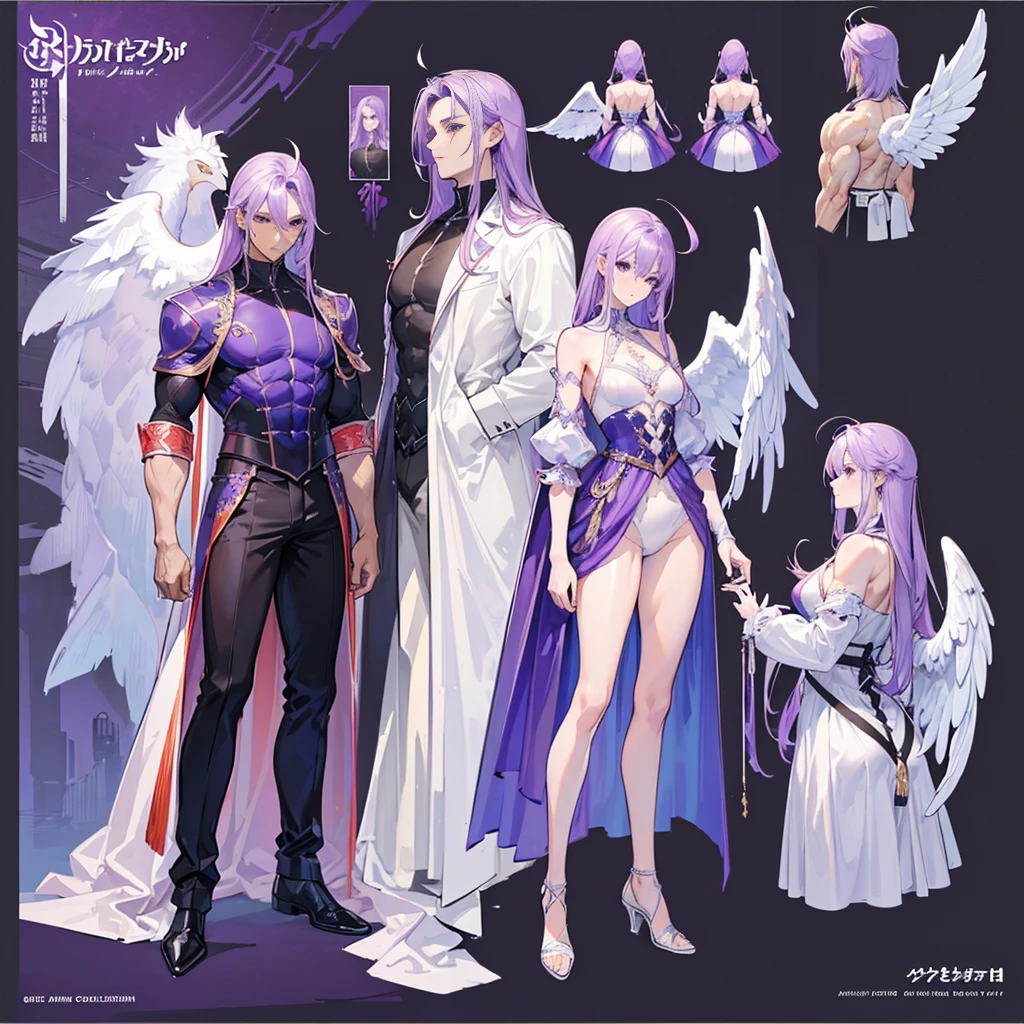 (Masterpiece, best quality), detailed, 1 man, ((character concept art)), ((character design sheet, same character, front, side, back)), full body, body complete, 1 Male angel, 1 Man angel, Detailed face, character design sheet，full bodyesbian, Highly detailed, character sheet, character design, Many parts, dark skin, angel wings, long purple hair, angel outfit, muscle male god, male clothes, masculine, muscle man, male muscle, manly, male angel, Muscle male with long long purple hair，beautiful man, beautiful muscle man, abs, pectoral muscle