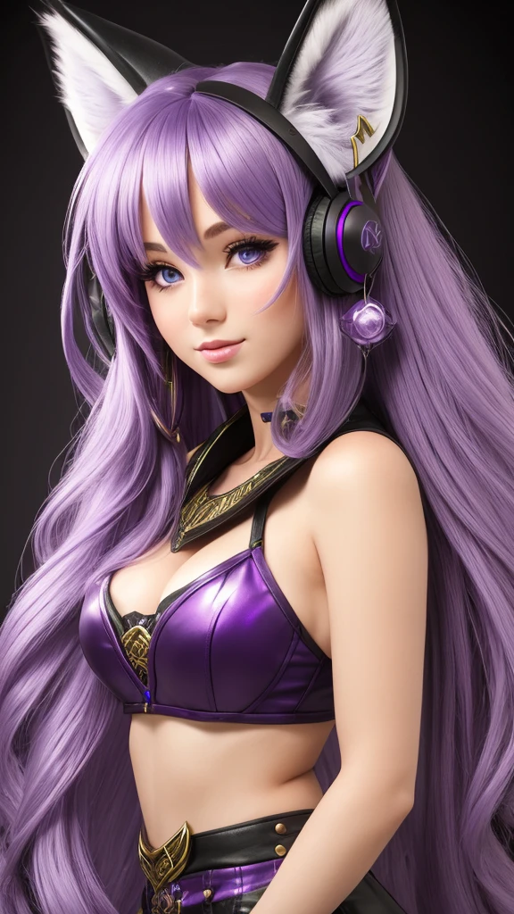 Young woman, Amethyst hair, purple lynx ears, purple lynx tail, large bust