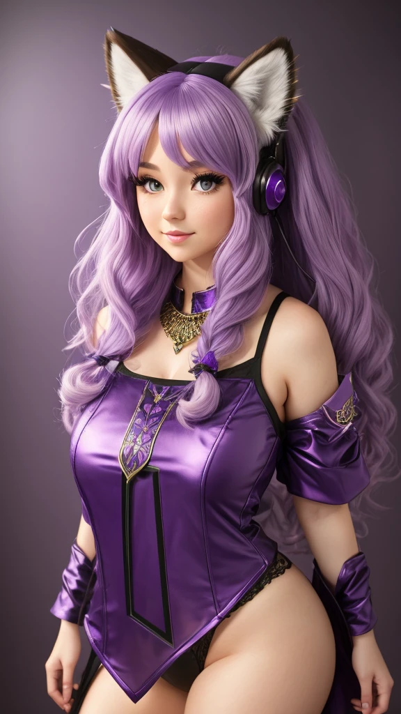 Young woman, Amethyst hair, purple lynx ears, purple lynx tail, large bust