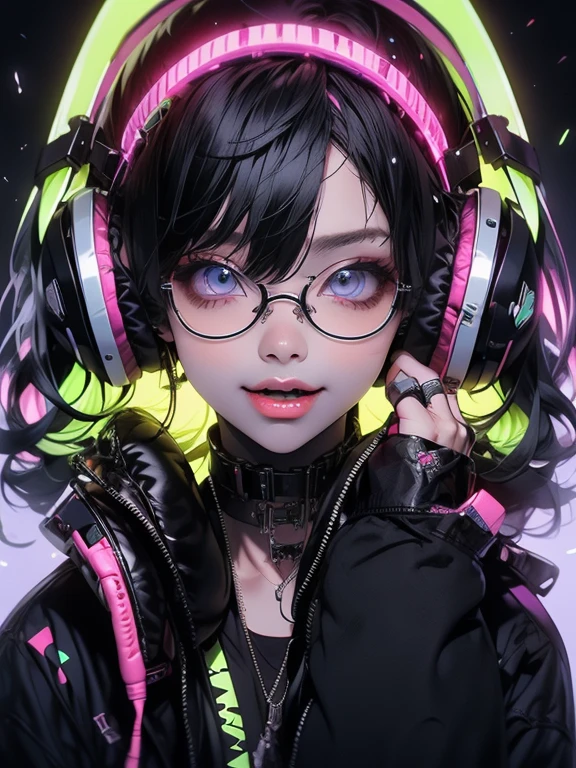 Highest quality,Highest Resolution,1People Women,sexy,headphone,Vibrant colors,Very beautiful eyes,Big Breasts,whole body,Glasses,Black Hair,Neon color