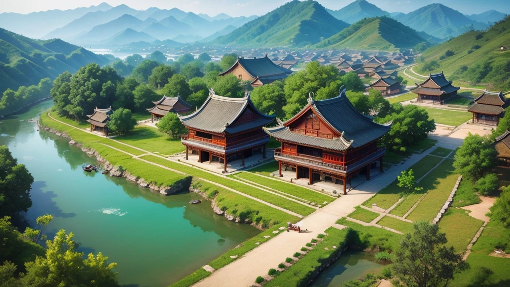 Beautiful scenery of ancient Chinese village. Aerial view, Photorealistic photos, High definition.