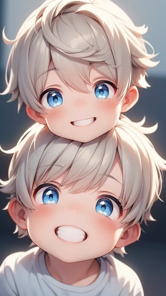 Beautiful boy with blue eyes and blond hair smiling with his teeth