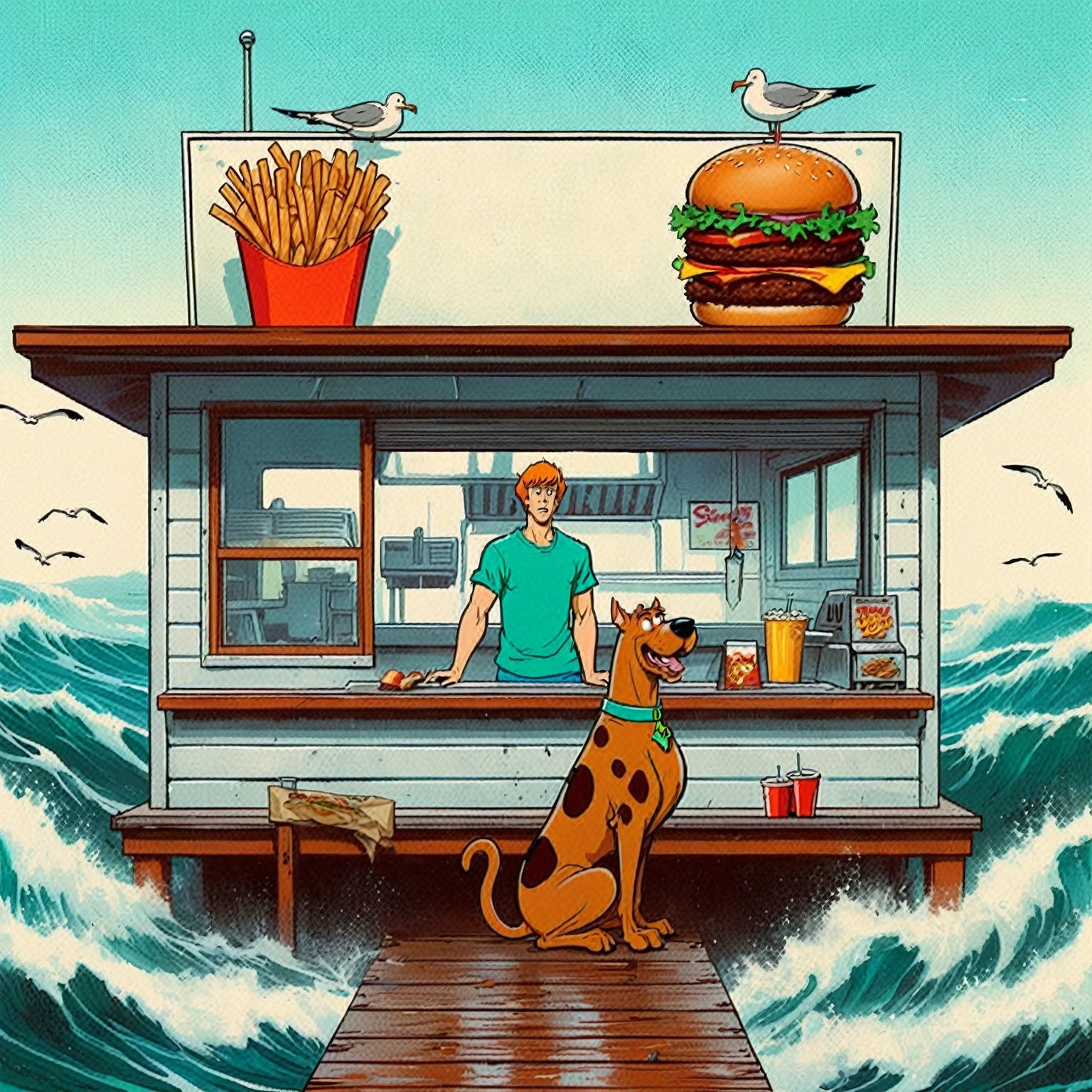 Scooby Doo distinct to original cartoon, ocean front fast food shack, operated by Scooby Doo and Shaggy, waves, sea breeze, seagulls,  The scene is minimal, serene, perfect, strange, candid, cinematic, surreal, and timeless. The hamburger grill is lost in space, standing against a blank canvas. The style is a mix of realism and cartoon, with 90s comic aesthetics, expressive ink work, cinematic compositions, and nuanced details. The style is reminiscent of Joelle Jones and 90's scooby doo animated tv show, shaggy wearing tropical green sweater, scooby doo distinct art style,

