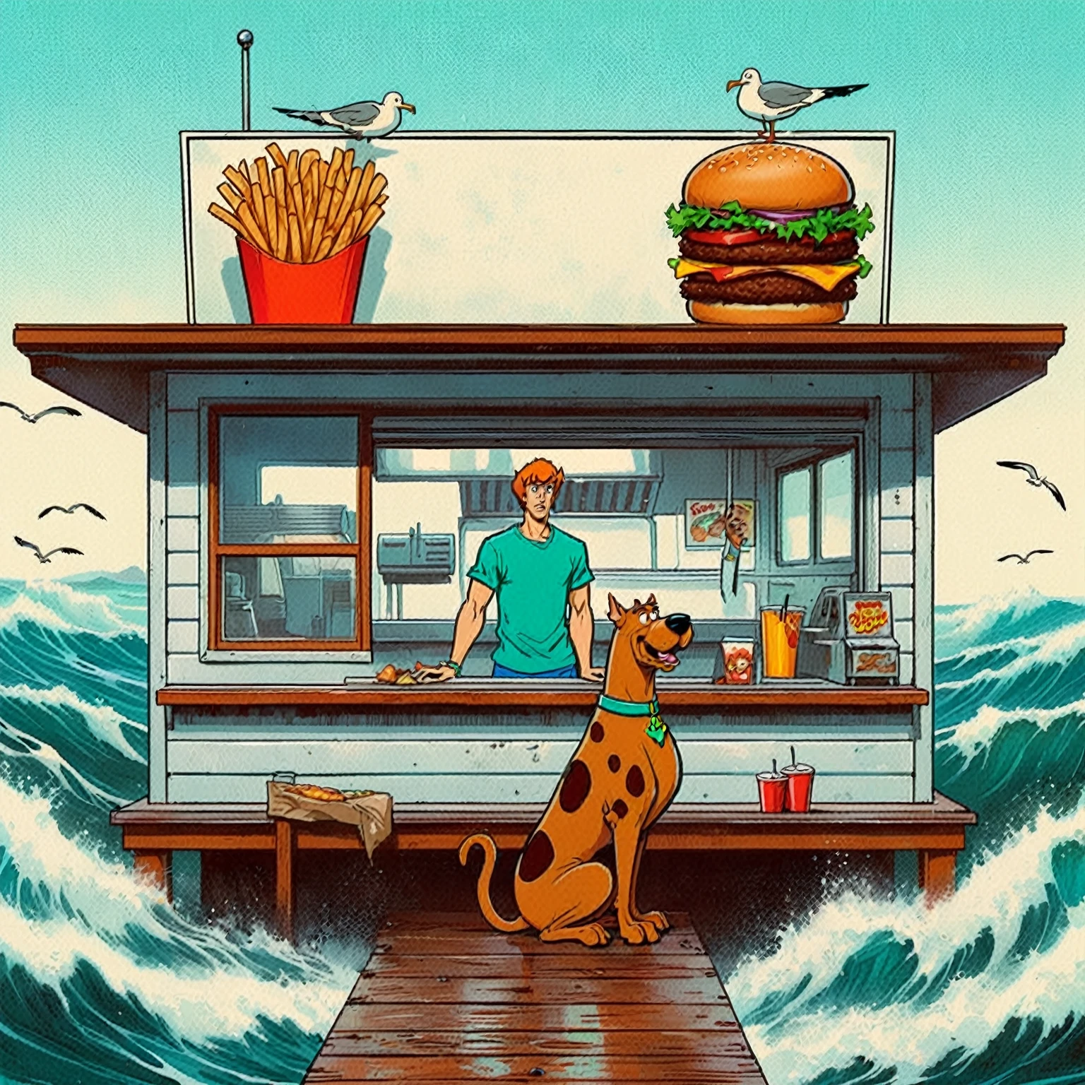 Scooby Doo distinct to original cartoon, ocean front fast food shack, operated by Scooby Doo and Shaggy, waves, sea breeze, seagulls, The scene is minimal, serene, perfect, strange, candid, cinematic, surreal, and timeless. The hamburger grill is lost in space, standing against a blank canvas. The style is a mix of realism and cartoon, with 90s comic aesthetics, expressive ink work, cinematic compositions, and nuanced details. The style is reminiscent of Joelle Jones and 90's scooby doo animated tv show, shaggy wearing tropical green sweater, scooby doo distinct art style,