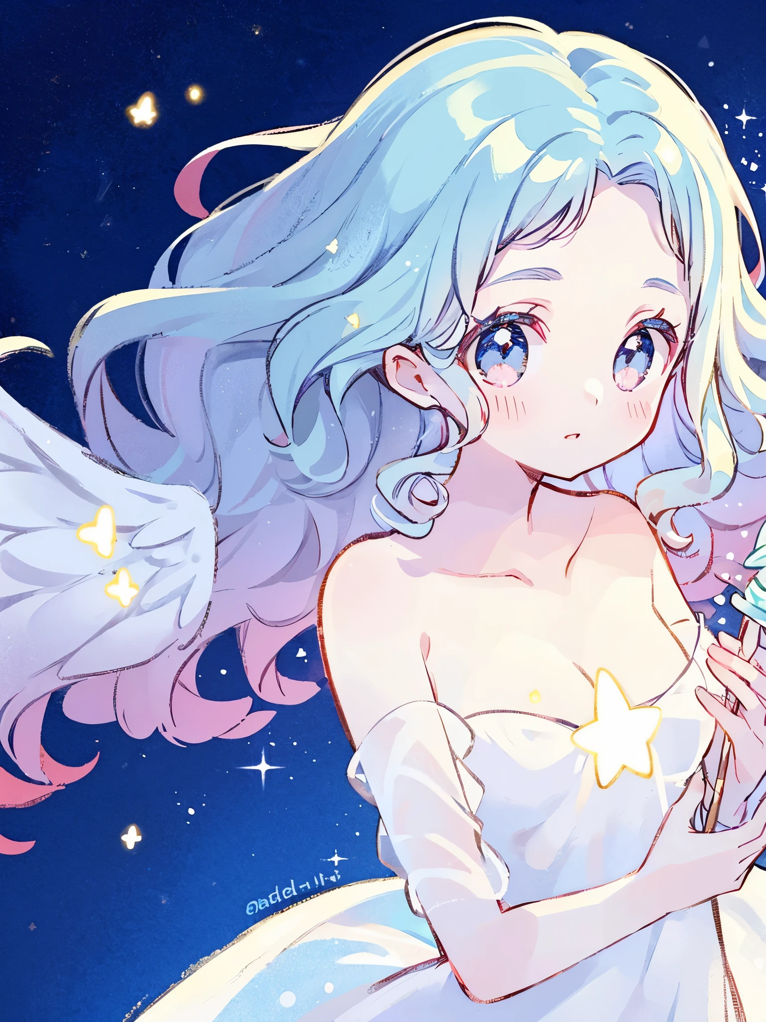 nude angel girl wearing an ethereal translucent dress, pale skin, ((blue mint wavy hair)), white feathers, angel wings, sparkling detailed eyes, golden ratio face, perfect composition, highly detailed, ethereal, (starry night sky background), midjourney style