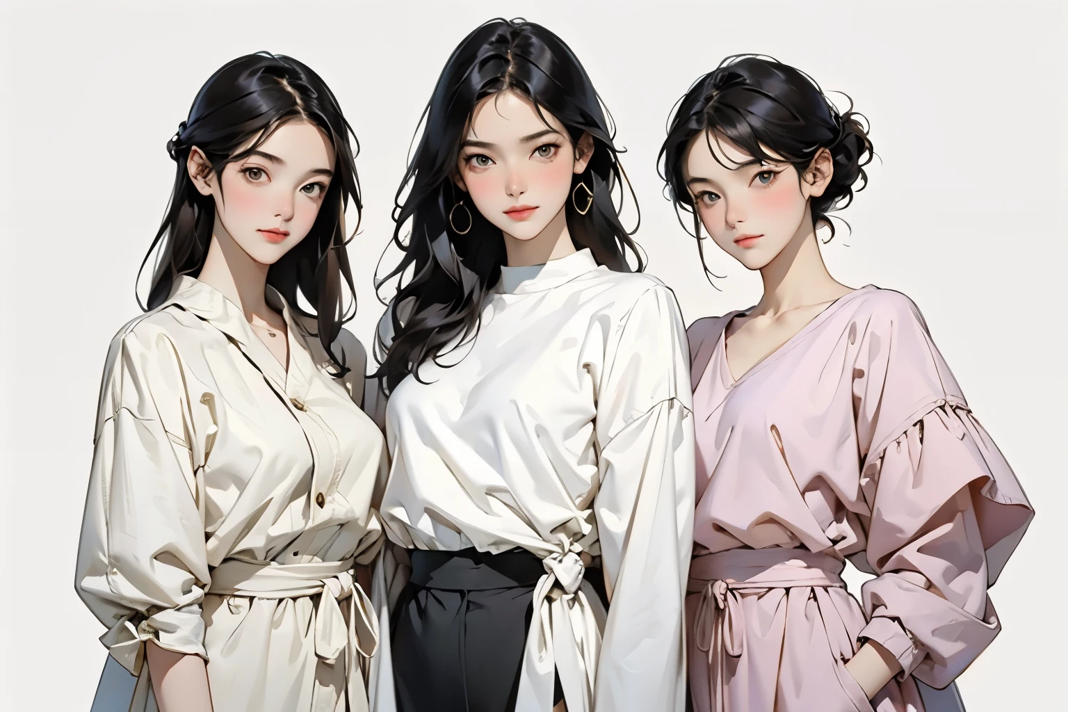 ((Highest quality)), ((masterpiece)), (detailed), Perfect Face,Arafe illustration of three women in different clothes, Girls standing in line, Illustration Style, Wear longer, Loose-fitting clothing, Casual clothingスタイル, Cute art style, drawing style, Casual clothing, Simple clothes, Fashion Research, 多Mr..Costumes, Pink clothes, Bust Up Illustration, wearing elegant Casual clothing, Mr..々Pause, Trending on artstration, Normal clothes, A woman in her twenties dressed in elegant clothes,White Background,Front view,