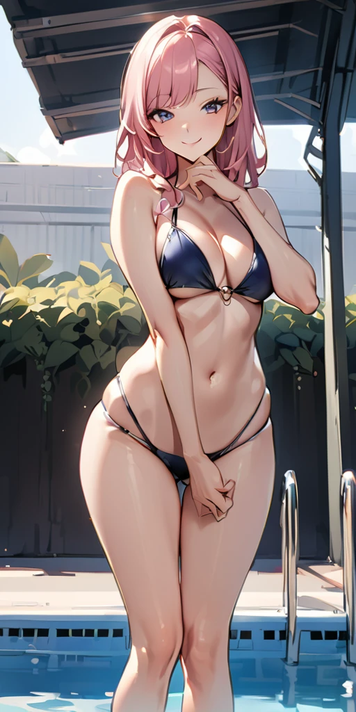 ((Highest quality、、masterpiece:1.3))、Long legs、Sharp focus:1.2, Beautiful woman with perfect figure:1.4、(Smiling:1.2), double eyelid、30-year-old female、Sexy pose、((((Close your mouth、One Woman、bikini)))),(((((one women,pool side:1.5)))))、((standing, cowboy shot:1.5))