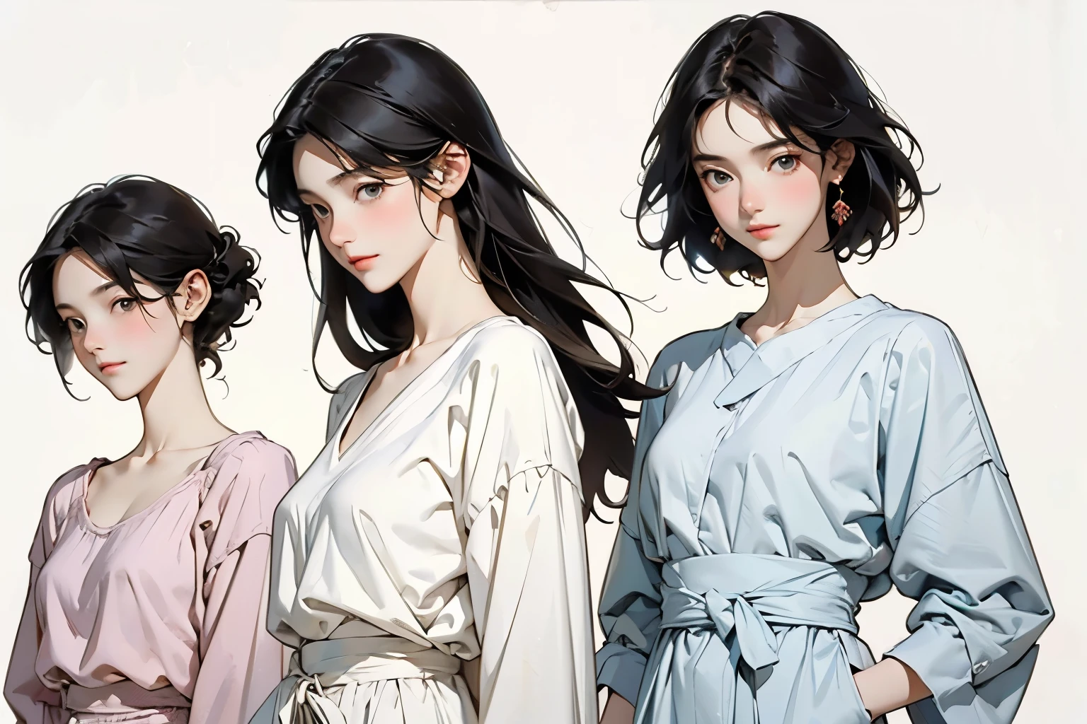 ((Highest quality)), ((masterpiece)), (detailed), Perfect Face,Arafe illustration of three women in different clothes, Girls standing in line, Illustration Style, Wear longer, Loose-fitting clothing, Casual clothingスタイル, Cute art style, drawing style, Casual clothing, Simple clothes, Fashion Research, 多Mr..Costumes, Pink clothes, Bust Up Illustration, wearing elegant Casual clothing, Mr..々Pause, Trending on artstration, Normal clothes, A woman in her twenties dressed in elegant clothes,White Background,Front view,