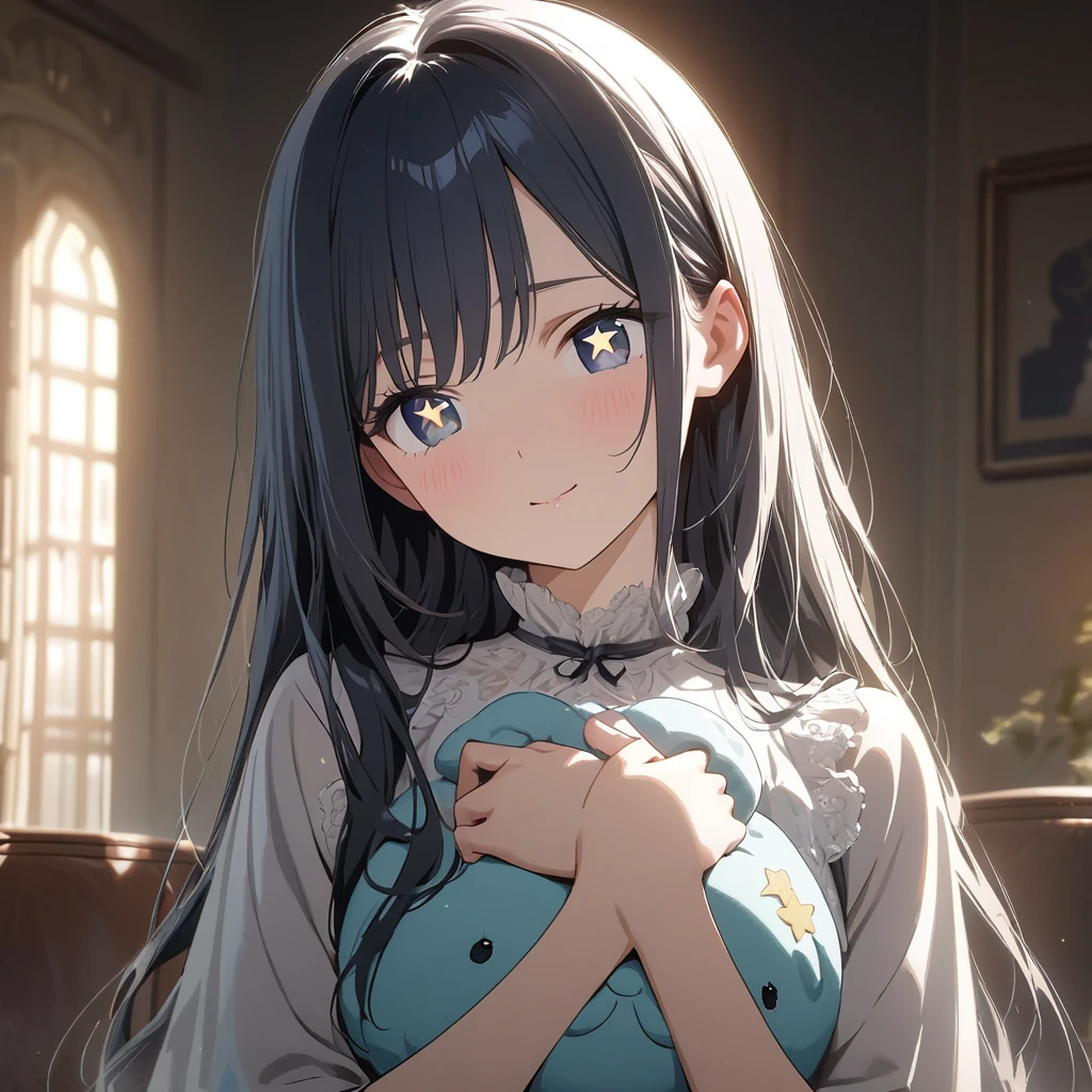 masterpiece, ultra detailed, 8K, (Cute a girl:1.5),
(masterpiece:1.3), anime visual,black-colored middle part long hair,dark blue eyes, (Lovey-dovey:1.5), (tilt head:1.3), extremely delicate face, soft clean focus, realistic lighting and shading, (an extremely delicate and beautiful art:1.3), elegant, (muted colors:1.1),(star-shaped pupils:1.5)The girl places her hands in front of her chest, smiles with her mouth open,