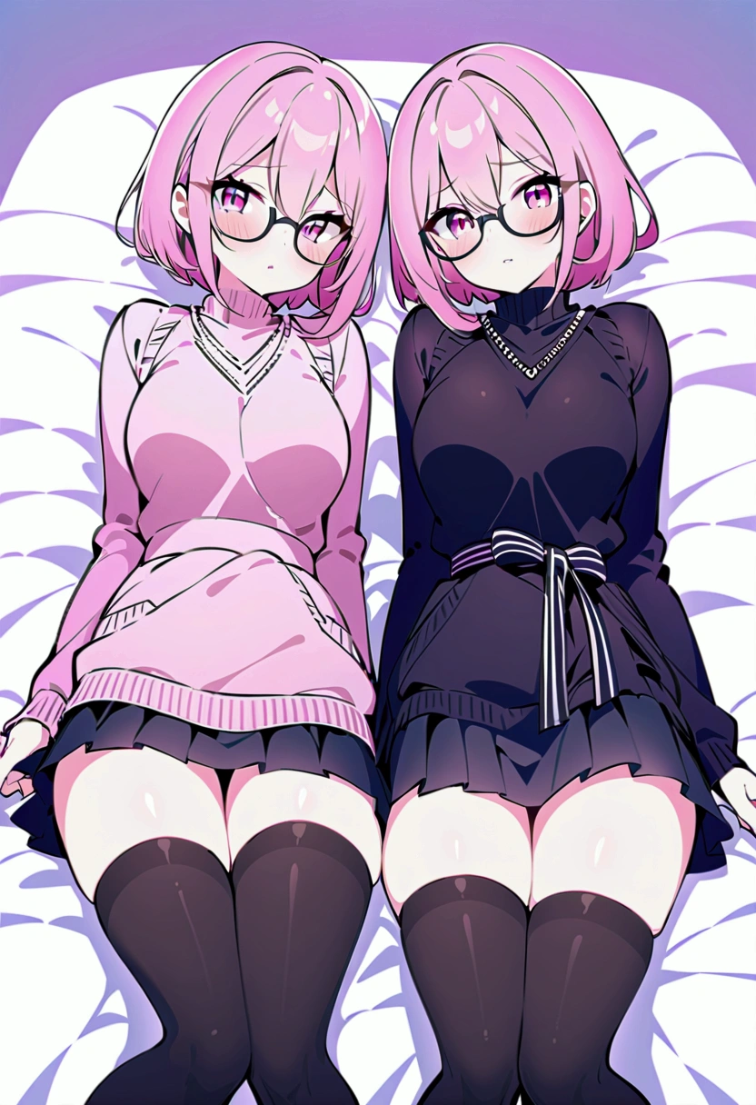 pink hair black glasses pink eyes extremely blushing a large pink sweater short black skirt at the waist chains black stockings that she is a reserved girl her bed that she is on her knees touching her butt