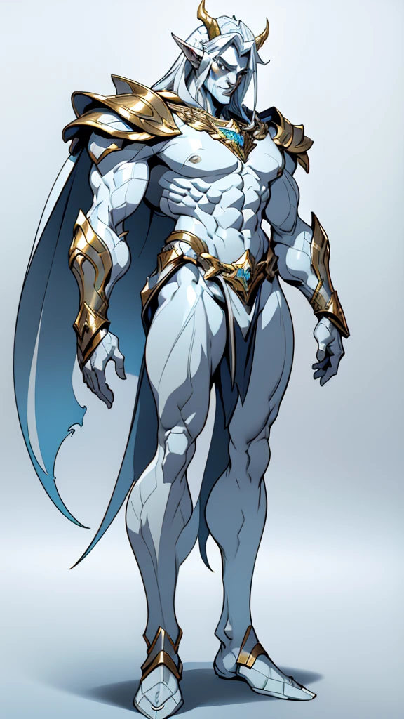 a drawing of a man with a white body and a gold chest, detailed full body concept, silvery skinned male elf, fit male demon with white horns, full body concept, hyperdetailed fantasy character, muscular character, detailed full body concept art, heroic masculine pose, detailed full body, white armor, perfectly shaded body, concept art of god, heroic fantasy character concept
