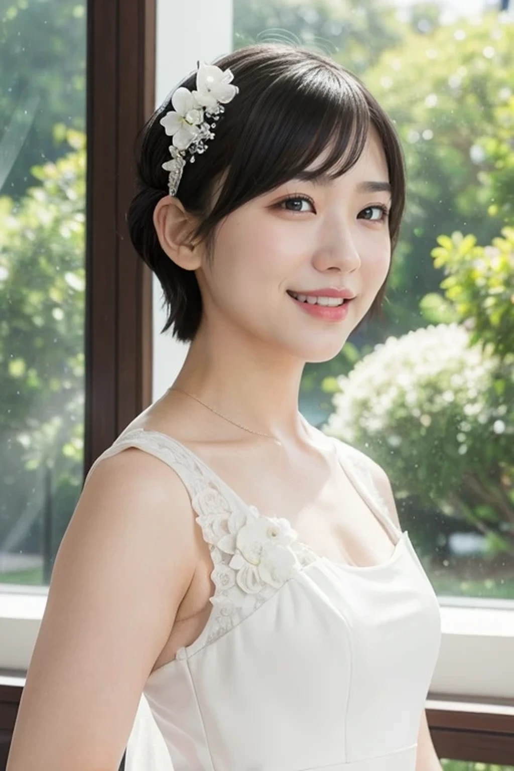 (wedding bun short hair:1.2), (white wedding dress, intricate dress, ball gown, bridal veil, bride, curtains, depth of field, dress, flower, hair flower, hair ornament, see-through, white flower, white rose:1.1), (face full of joy:1.3), one girl, , 8k, RAW photo, best quality, masterpiece, realistic, photo-realistic, clear, professional lighting, BREAK, no makeup face, smile, BREAK, (short cut hair, small breasts:1.2), (looking back:1.2), (black eyes, black hair:1.2), full body shot