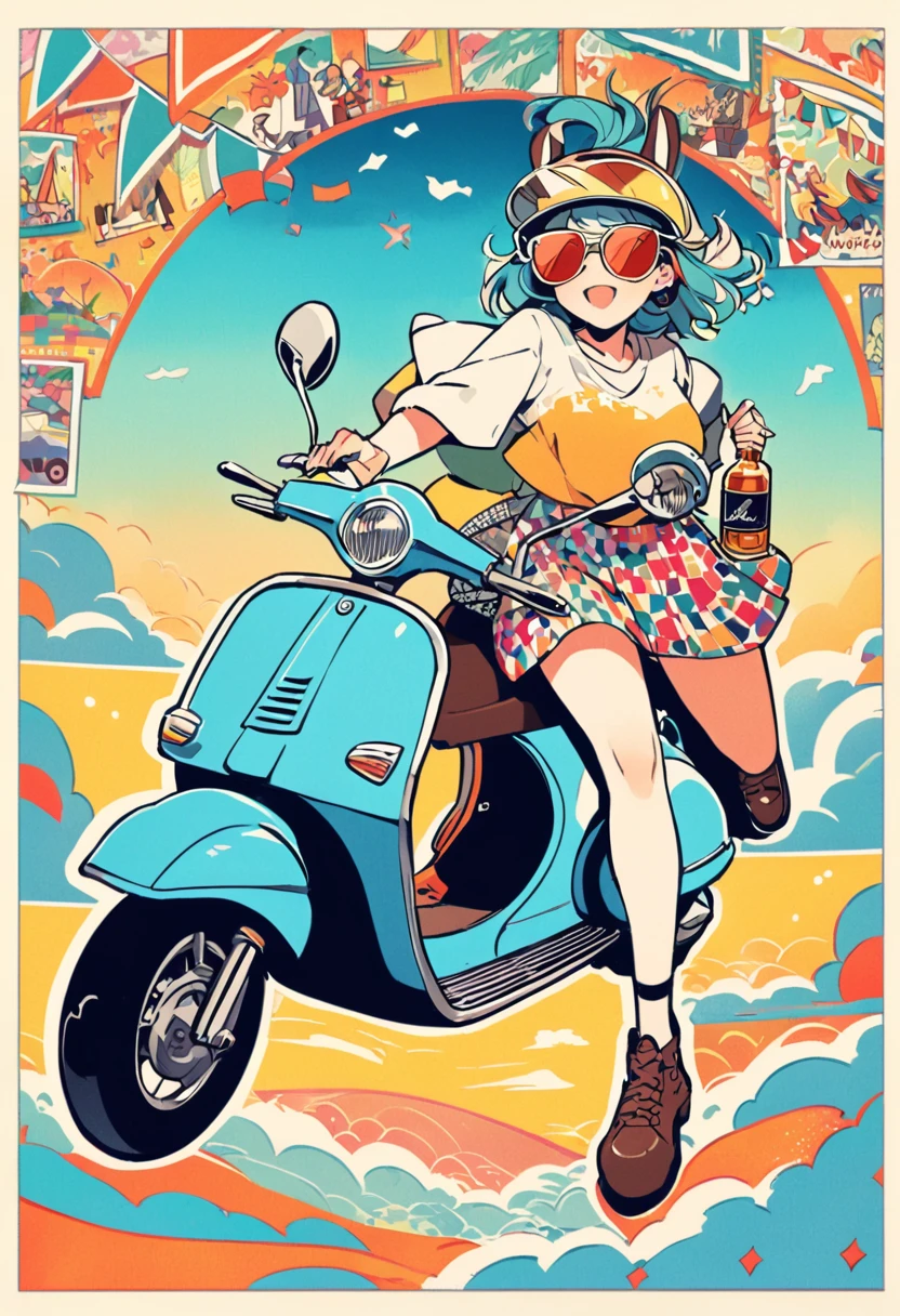 Charming, vintage-inspired illustration of a tattooed punk young woman in modern clothing confidently riding a dynamic Vespa scooter, with the caption "Vespa Drunk". The woman was wearing an open face helmet in matte color and stylish sunglasses, gripping the handlebars as she drove and in the other hand holding a bottle of whiskey across an abstract sunset-colored sky dotted with clouds. The Vespa features an array of colorful patterns and flags, adding to the cheerful atmosphere. The charming design captures a sense of adventure, nostalgia and whimsy, perfect for timeless t-shirts, illustrations