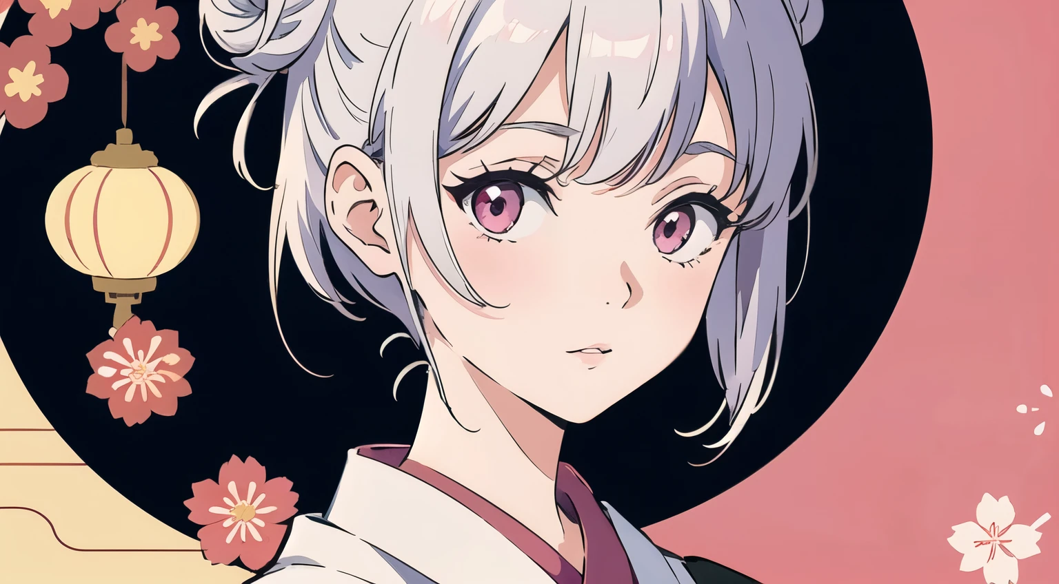 masterpiece, Highest quality, Super detailed, Yukata at the summer festival, Hanafuda pattern background, Silver Hair, A very short shortcut, Hair Bun, Pink Eyes, Cinematic composition, Shadow