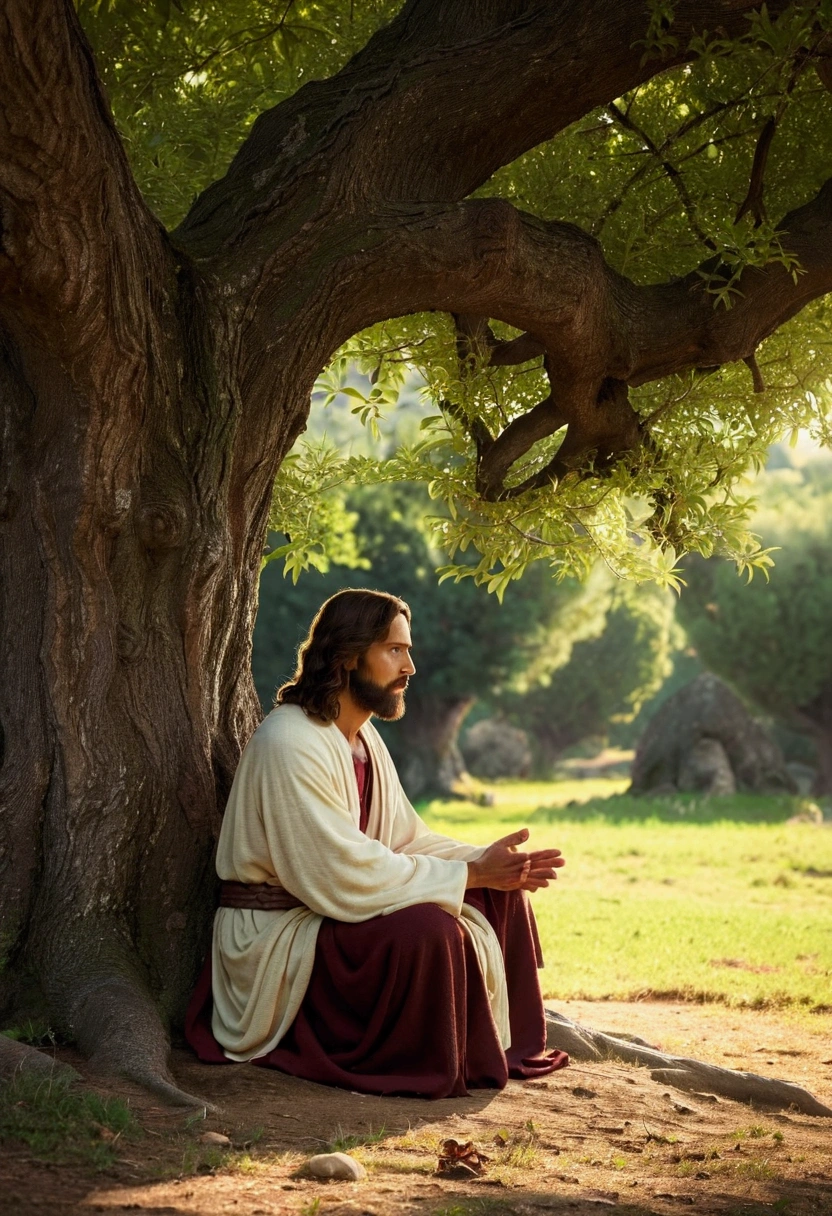 Jesus standing praying under a tree , High resolution image