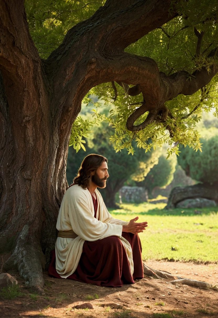 Jesus standing praying under a tree , High resolution image