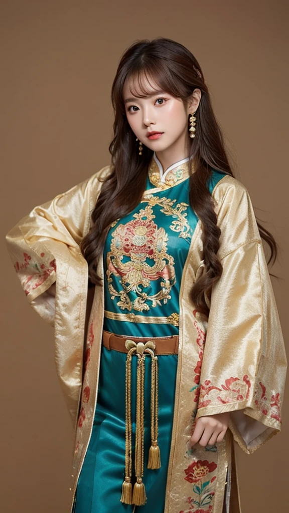 1girl, solo, brown hair, chinese clothes, jewelry, long hair, looking at viewer, model pose, simple background,
