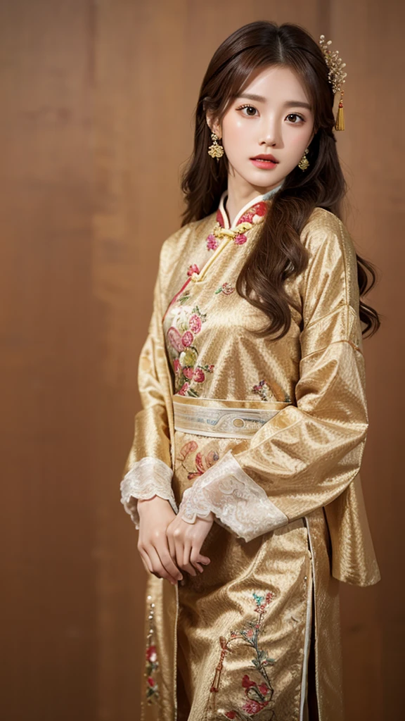 1girl, solo, brown hair, chinese clothes, jewelry, long hair, looking at viewer, model pose, simple background,