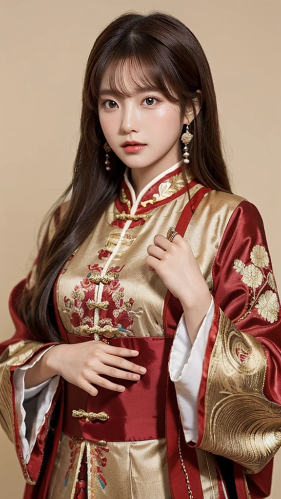 1girl, solo, brown hair, chinese clothes, jewelry, long hair, looking at viewer, model pose, simple background,